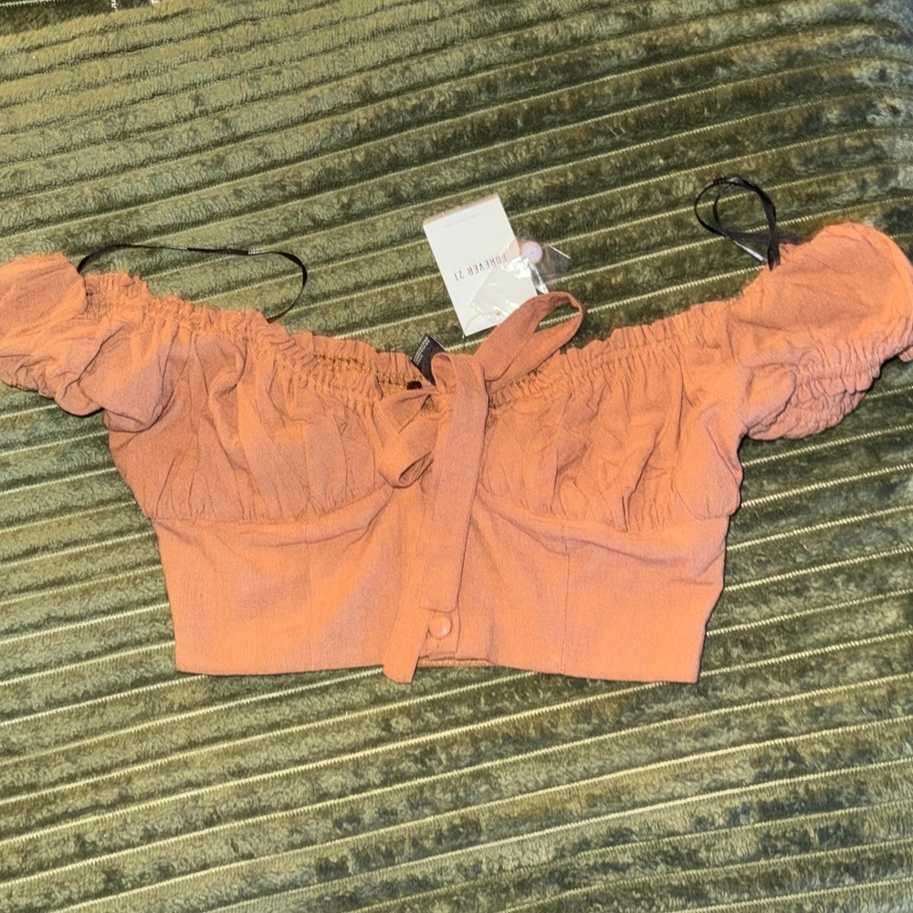 Forever 21 Rusty Rose Puff Sleeve Cropped Tie Front Top🫎